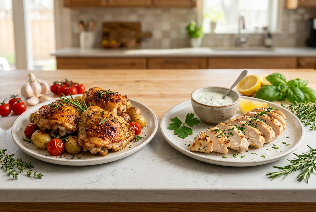Two plates on a kitchen countertop, one with cooked chicken thighs and the other with grilled chicken breast, surrounded by fresh herbs and ingredients.