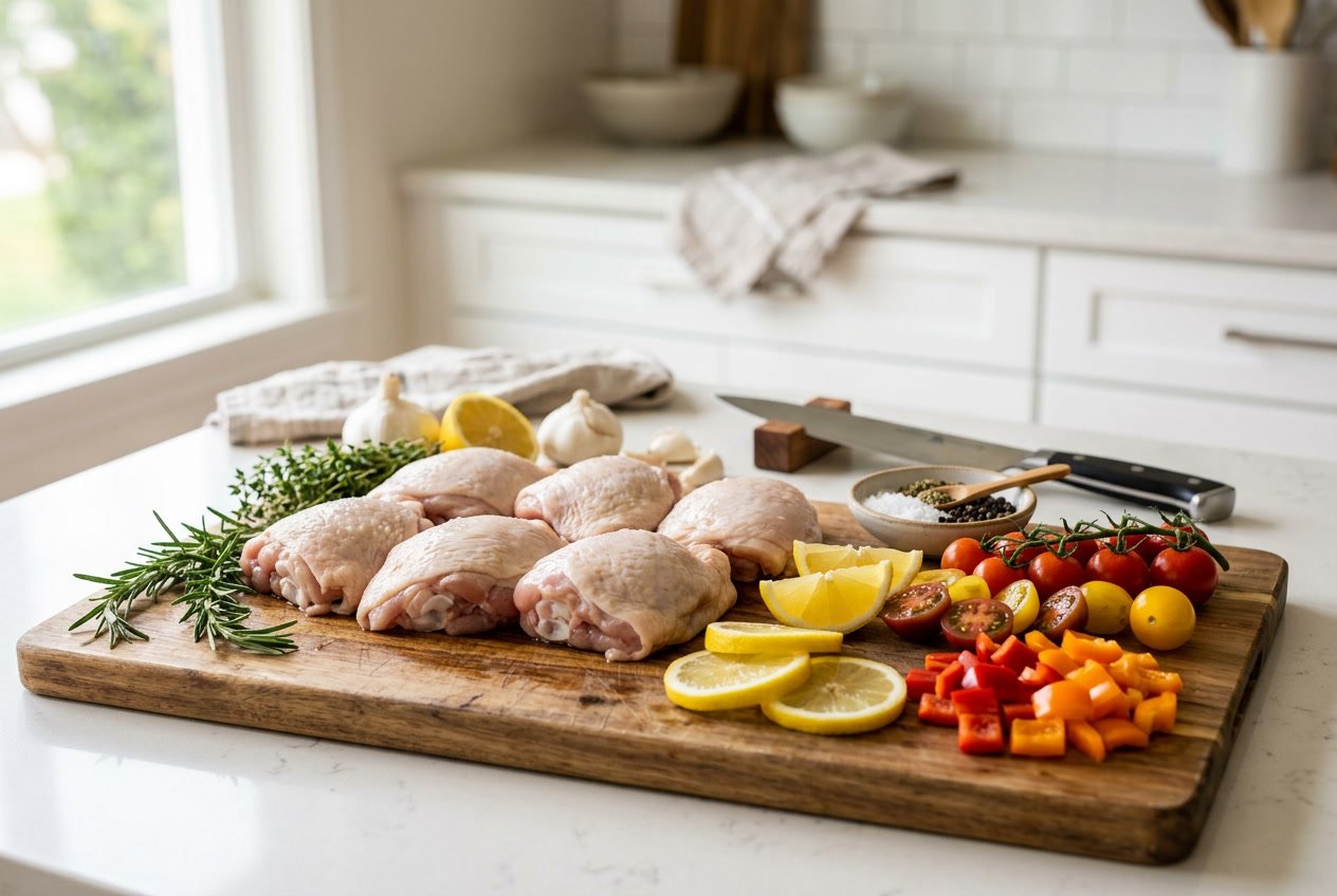 Raw chicken thighs on a cutting board surrounded by fresh herbs, garlic, lemon slices, and vegetables in a kitchen setting.