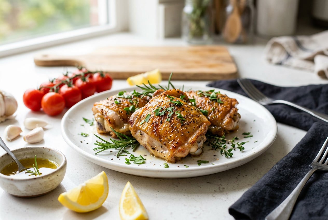 Close-up of cooked chicken thighs garnished with herbs on a plate surrounded by fresh ingredients on a kitchen countertop.