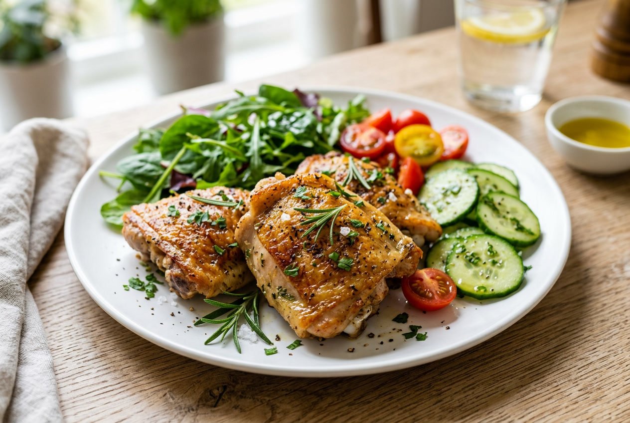 A plate of cooked chicken thighs garnished with fresh herbs and surrounded by fresh vegetables on a white surface.