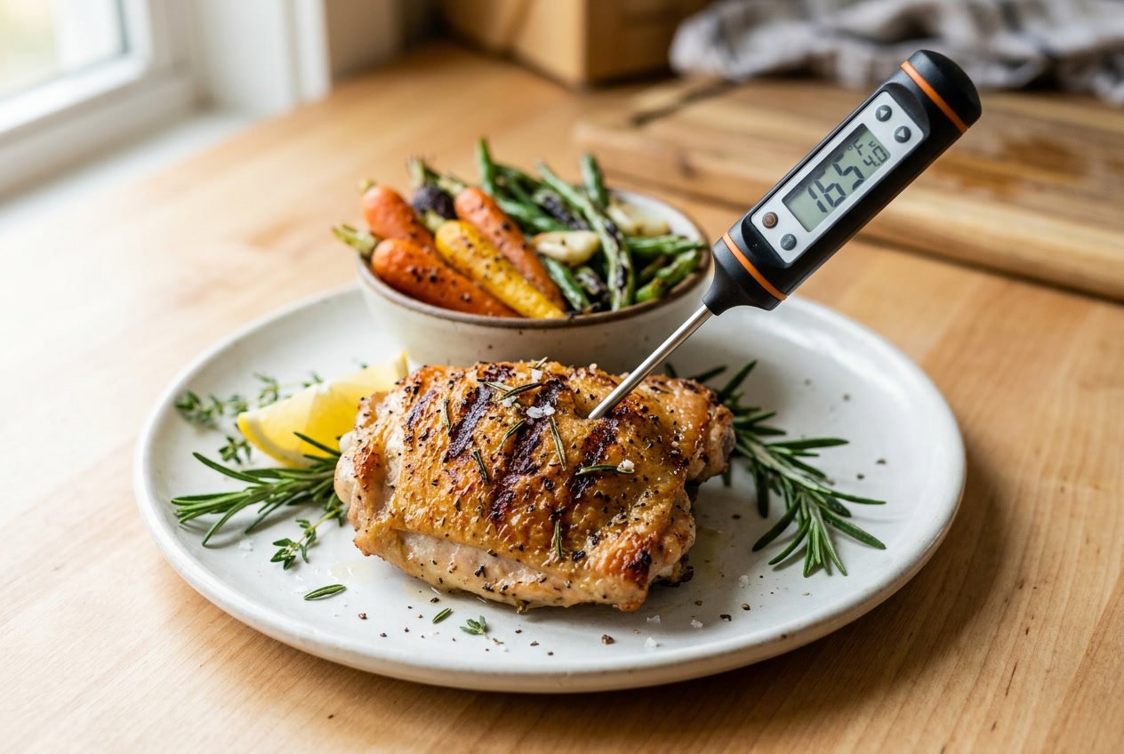 Close-up of cooked chicken thighs on a plate with a food thermometer showing the temperature.