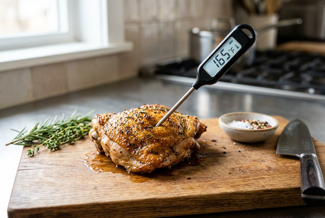 Close-up of a cooked chicken thigh with a meat thermometer inserted on a cutting board, surrounded by herbs and kitchen utensils.