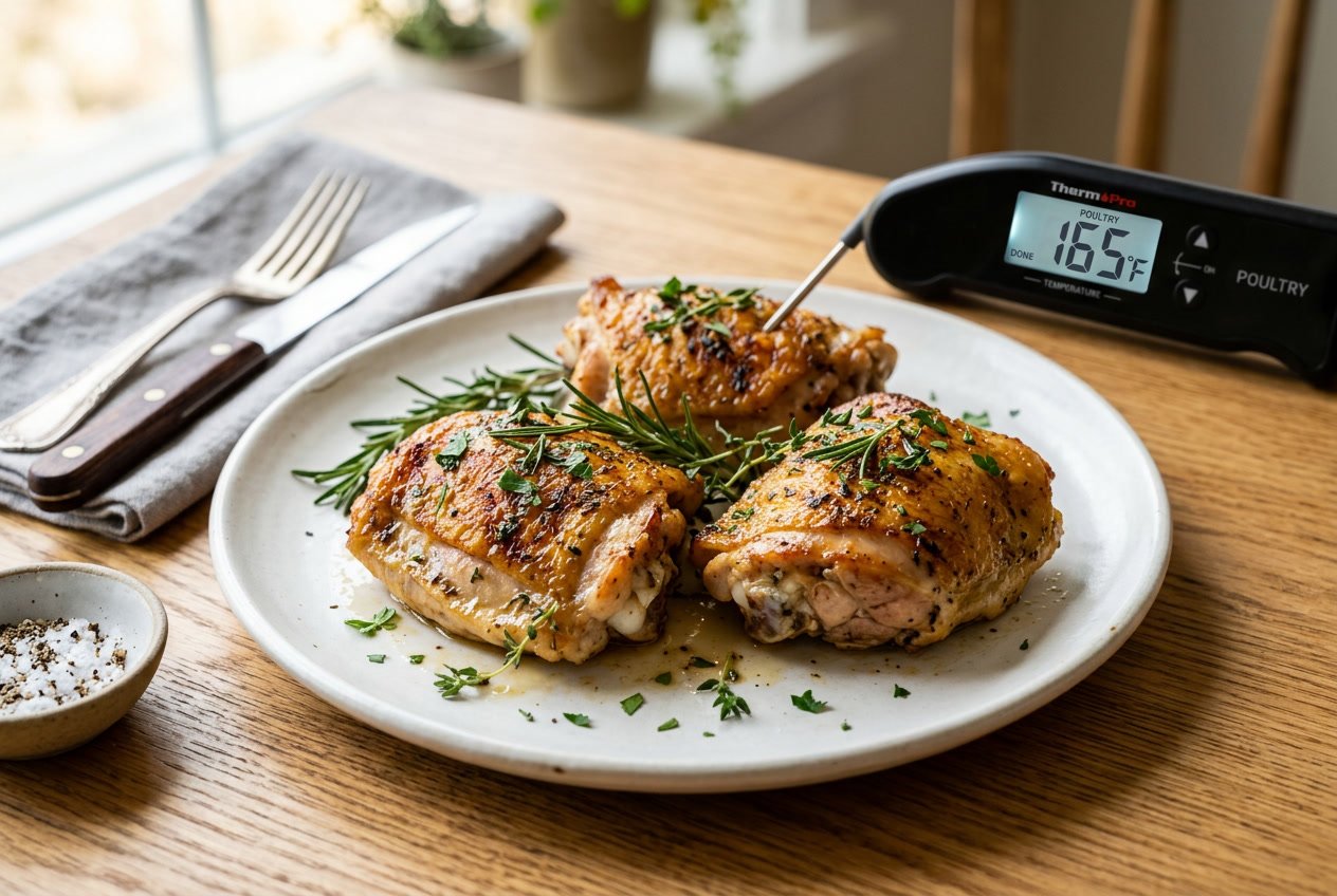 Cooked chicken thighs on a plate with a meat thermometer showing the temperature.
