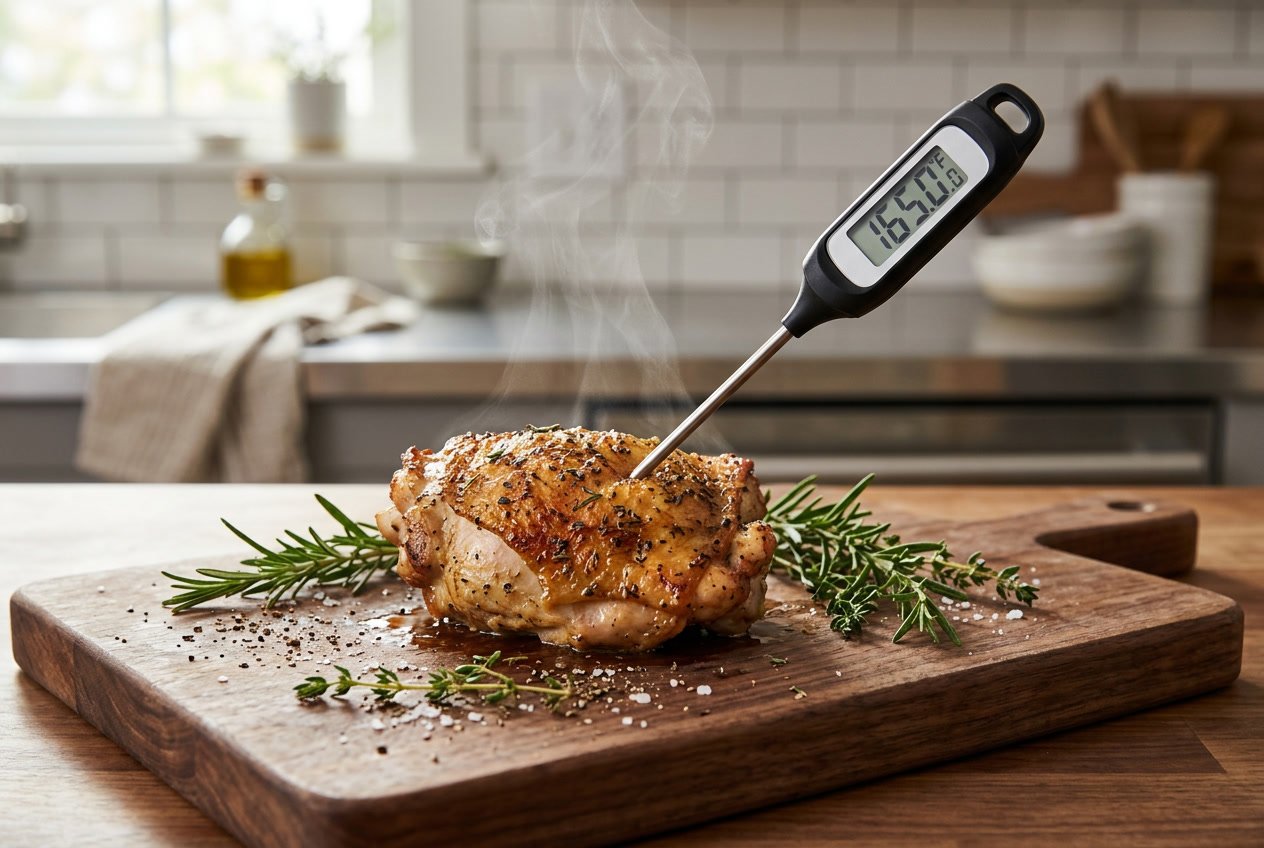 A cooked chicken thigh on a cutting board with a meat thermometer showing the temperature, surrounded by fresh herbs in a kitchen setting.