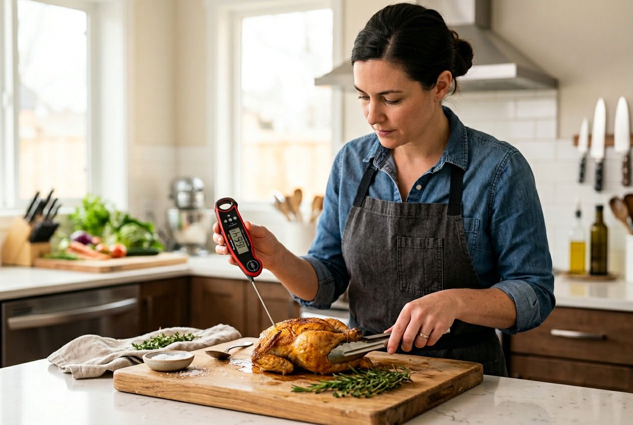 A person measuring the internal temperature of a cooked chicken thigh with a digital meat thermometer in a kitchen.