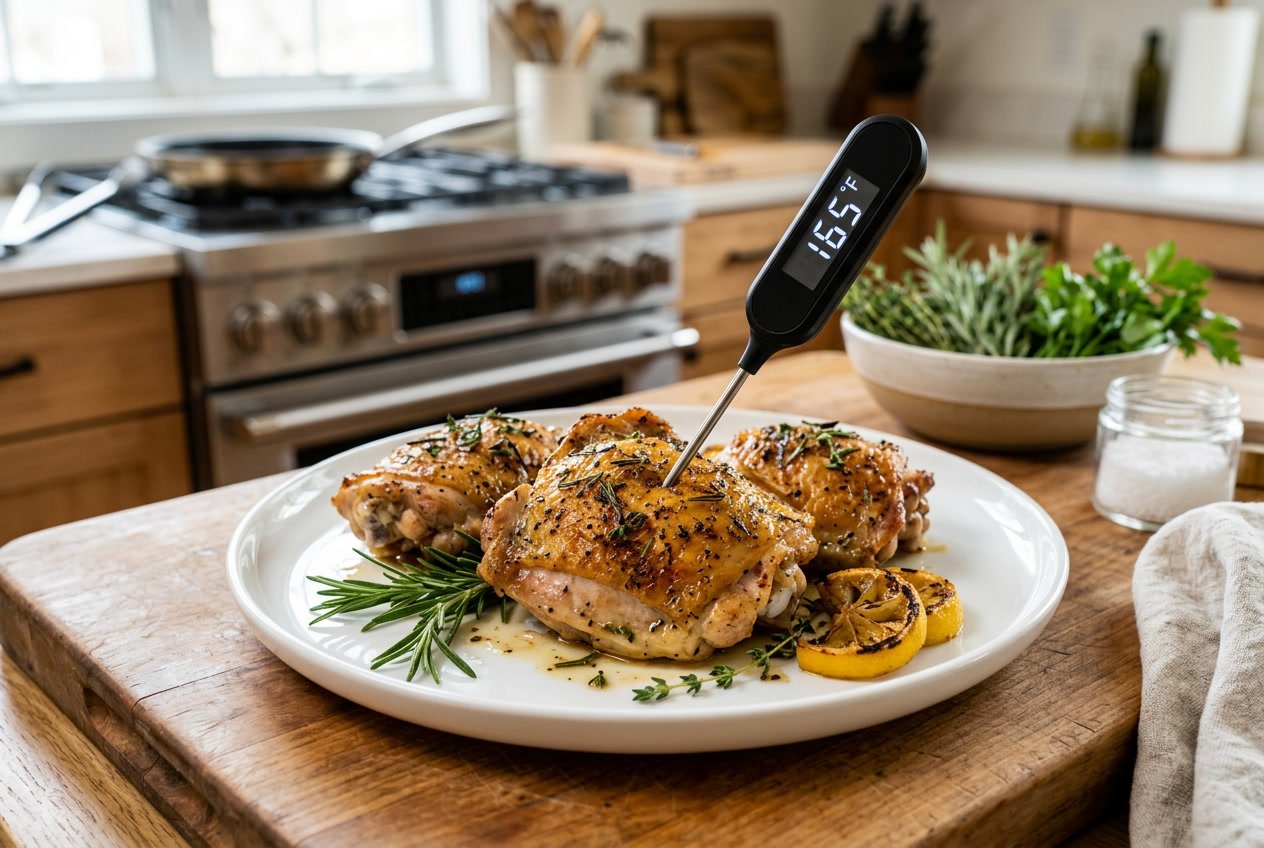 Close-up of cooked chicken thighs on a plate with a food thermometer inserted, in a bright kitchen setting with fresh herbs and cooking utensils nearby.