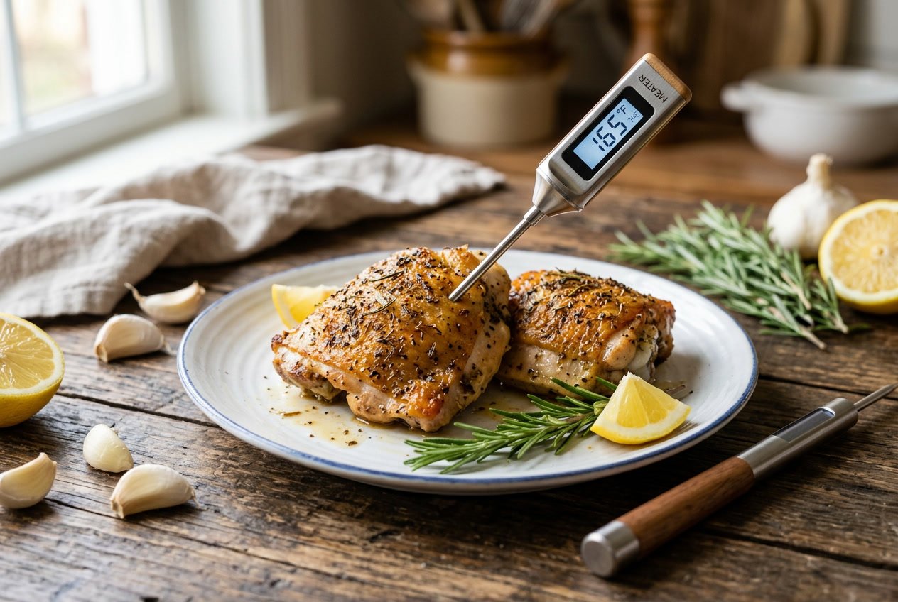 A plate with golden-brown cooked chicken thighs and a kitchen thermometer inserted, surrounded by fresh herbs and lemon wedges on a wooden table.