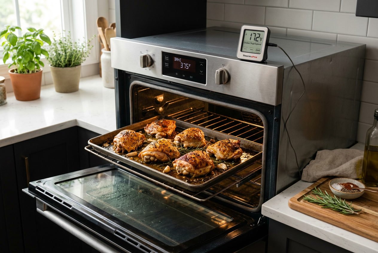 A modern kitchen with an open oven showing golden-brown chicken thighs baking on a tray, with a digital thermometer displaying the temperature and fresh herbs on the countertop.