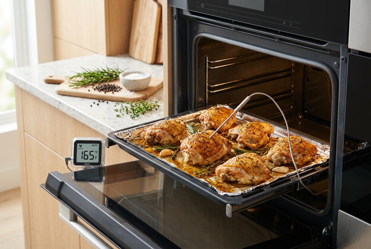 Close-up of chicken thighs roasting in an oven with a meat thermometer inserted, showing the internal temperature.