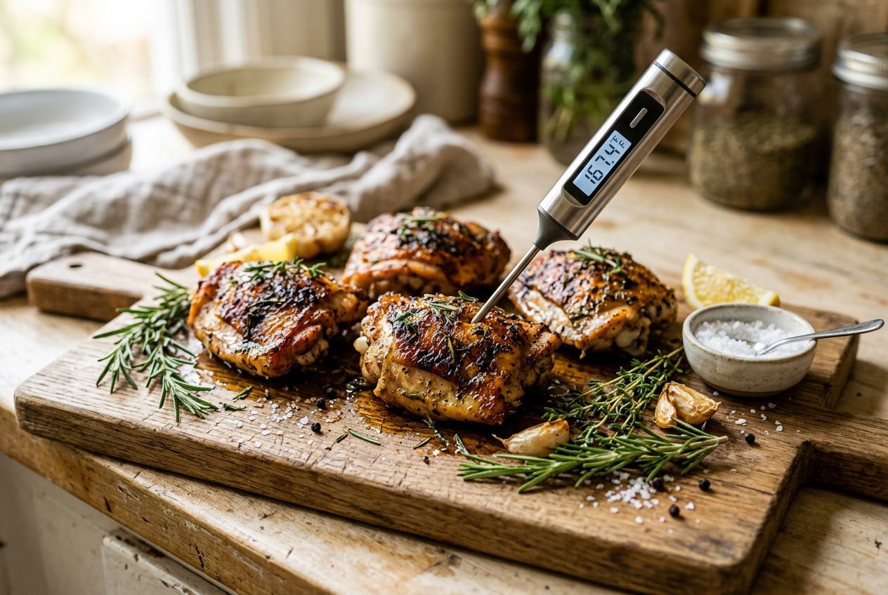 A close-up of cooked chicken thighs on a wooden cutting board with a meat thermometer inserted, surrounded by herbs and cooking ingredients.