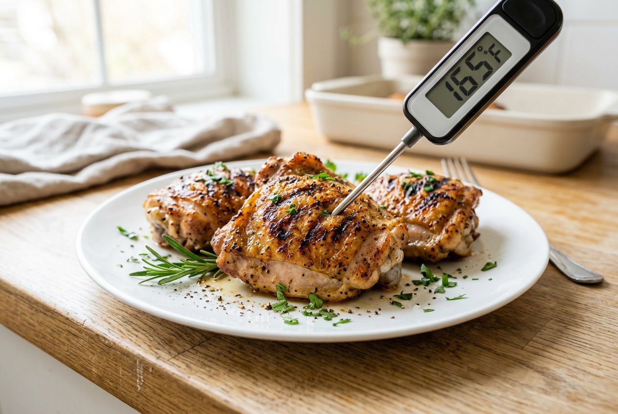 Close-up of cooked chicken thighs on a plate with a food thermometer showing the internal temperature, garnished with fresh herbs.