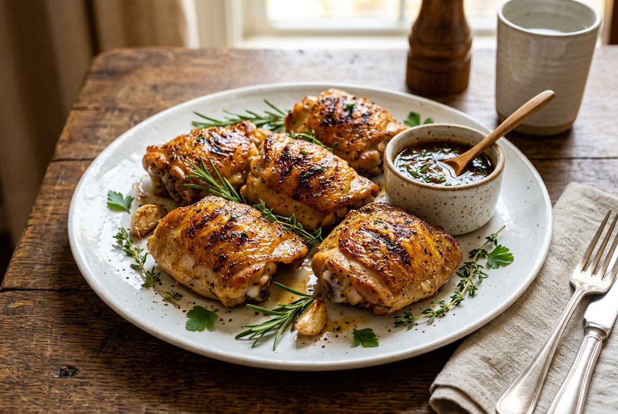 Plate of golden-brown cooked chicken thighs garnished with fresh herbs on a wooden table.