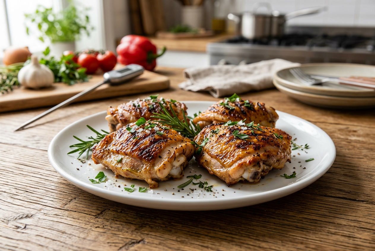 A plate of golden-brown cooked chicken thighs garnished with fresh herbs on a wooden table with kitchen items blurred in the background.