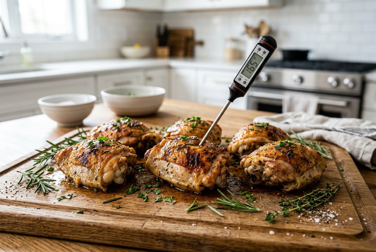Juicy cooked chicken thighs on a wooden cutting board with herbs and a kitchen thermometer showing the internal temperature.