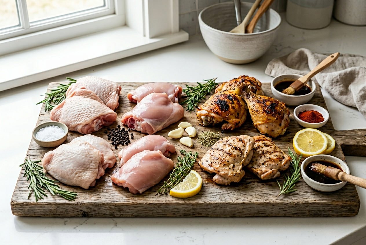 A variety of raw and cooked chicken thighs displayed on a wooden cutting board with fresh herbs, garlic, lemon slices, and spices around them on a kitchen counter.