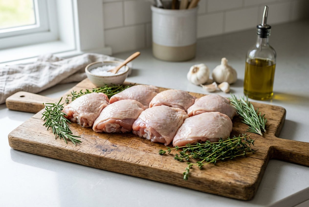 Fresh raw chicken thighs on a wooden cutting board with herbs and garlic in a kitchen setting.