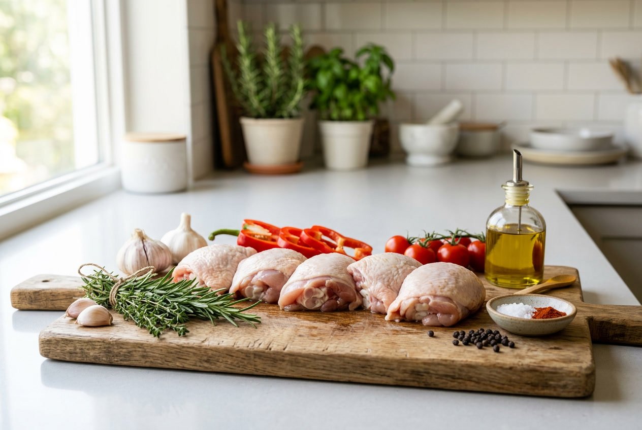 Raw chicken thighs on a wooden cutting board surrounded by garlic, rosemary, red bell peppers, and olive oil on a kitchen countertop.