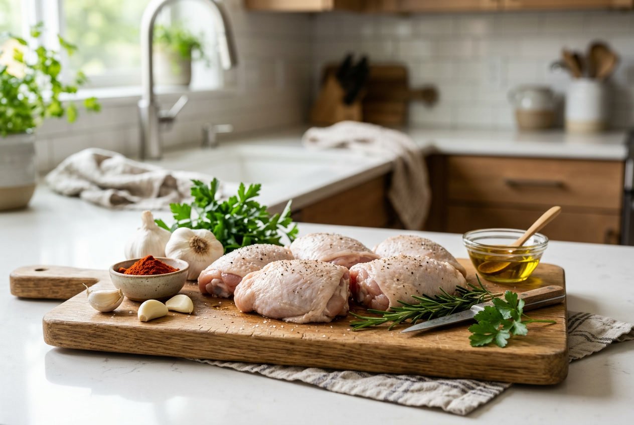 Fresh chicken thighs on a wooden cutting board with garlic, paprika, herbs, and olive oil in a kitchen setting.