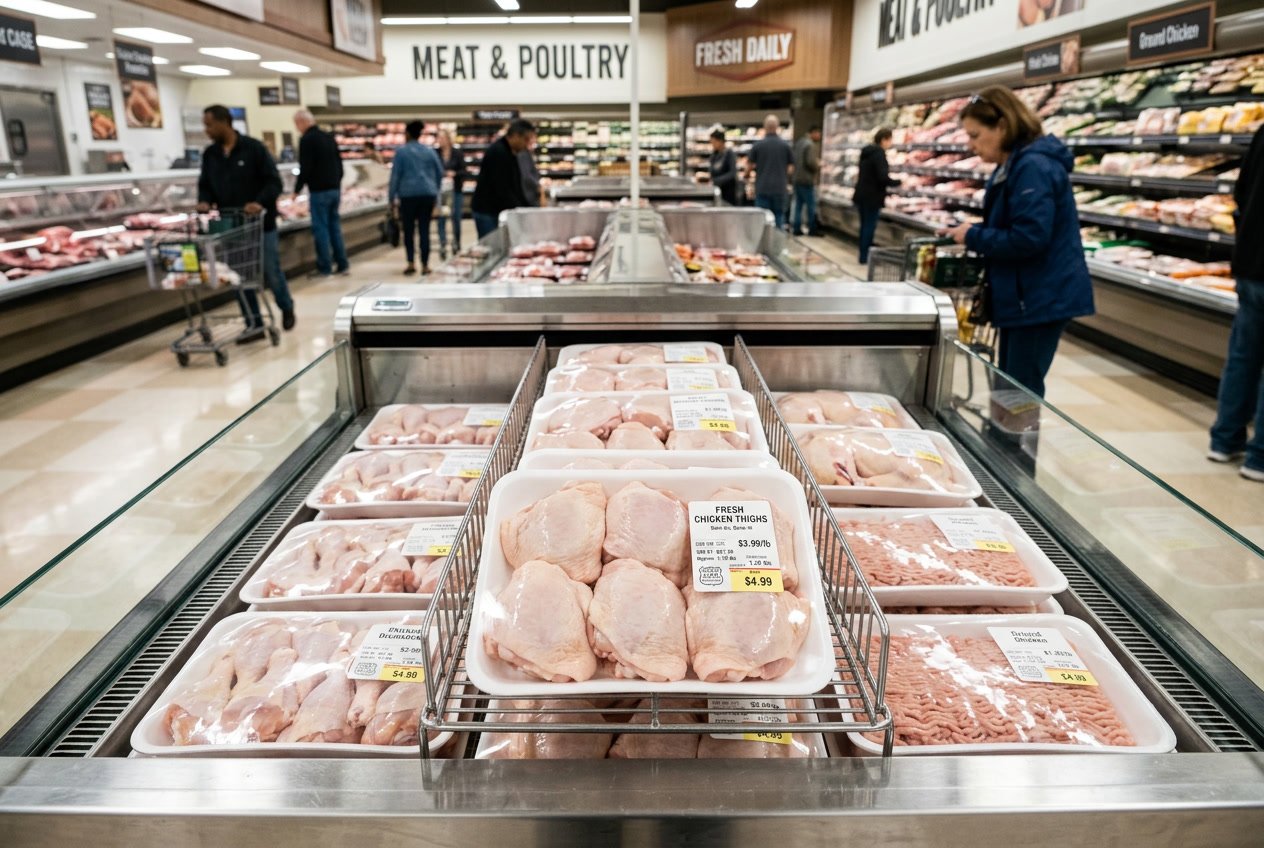 Supermarket meat section showing fresh chicken thighs displayed in refrigerated cases with shoppers in the background.