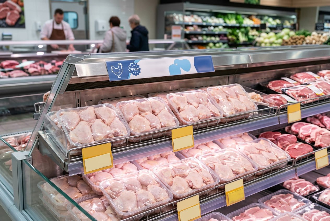 Fresh raw chicken thighs displayed in a grocery store meat section with price tags and promotional labels visible.