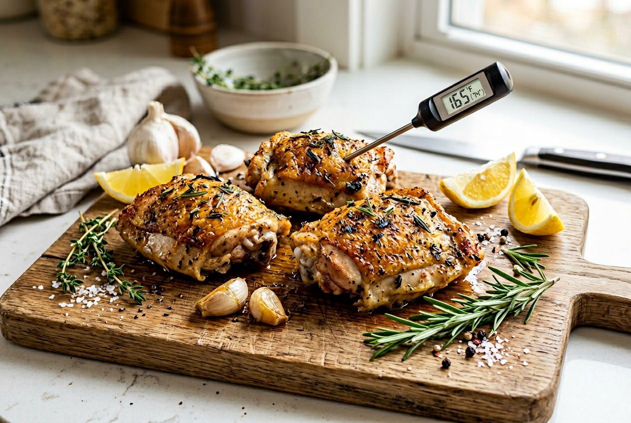 Close-up of cooked chicken thighs with golden-brown skin on a wooden board, surrounded by fresh herbs and lemon wedges, with a kitchen thermometer showing the cooking temperature.
