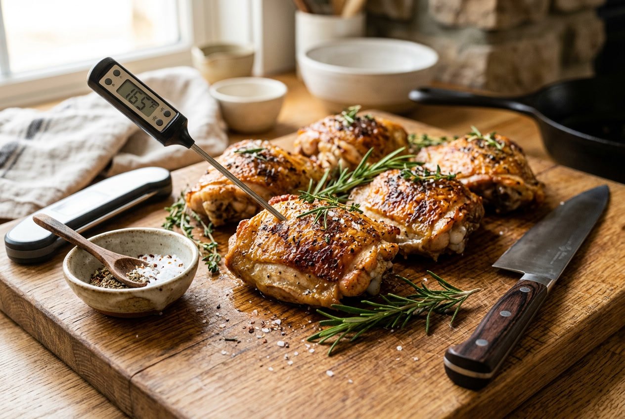 Close-up of cooked chicken thighs on a wooden cutting board with herbs and a meat thermometer.