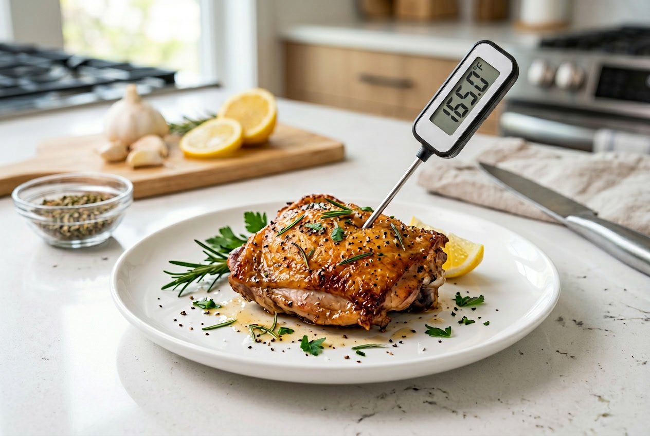A cooked chicken thigh on a white plate with a digital meat thermometer showing a safe temperature, surrounded by fresh herbs and kitchen ingredients.