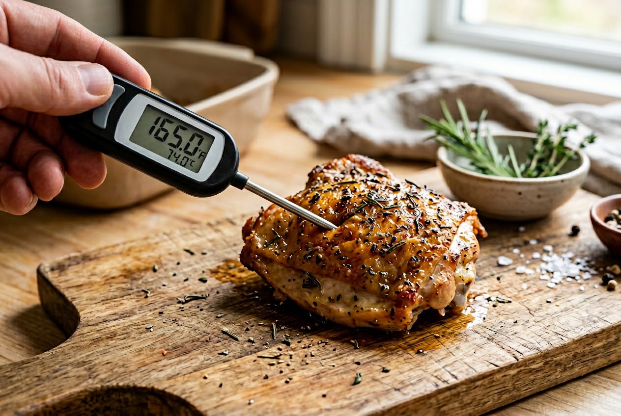 A cooked chicken thigh on a cutting board with a digital meat thermometer inserted showing the internal temperature.