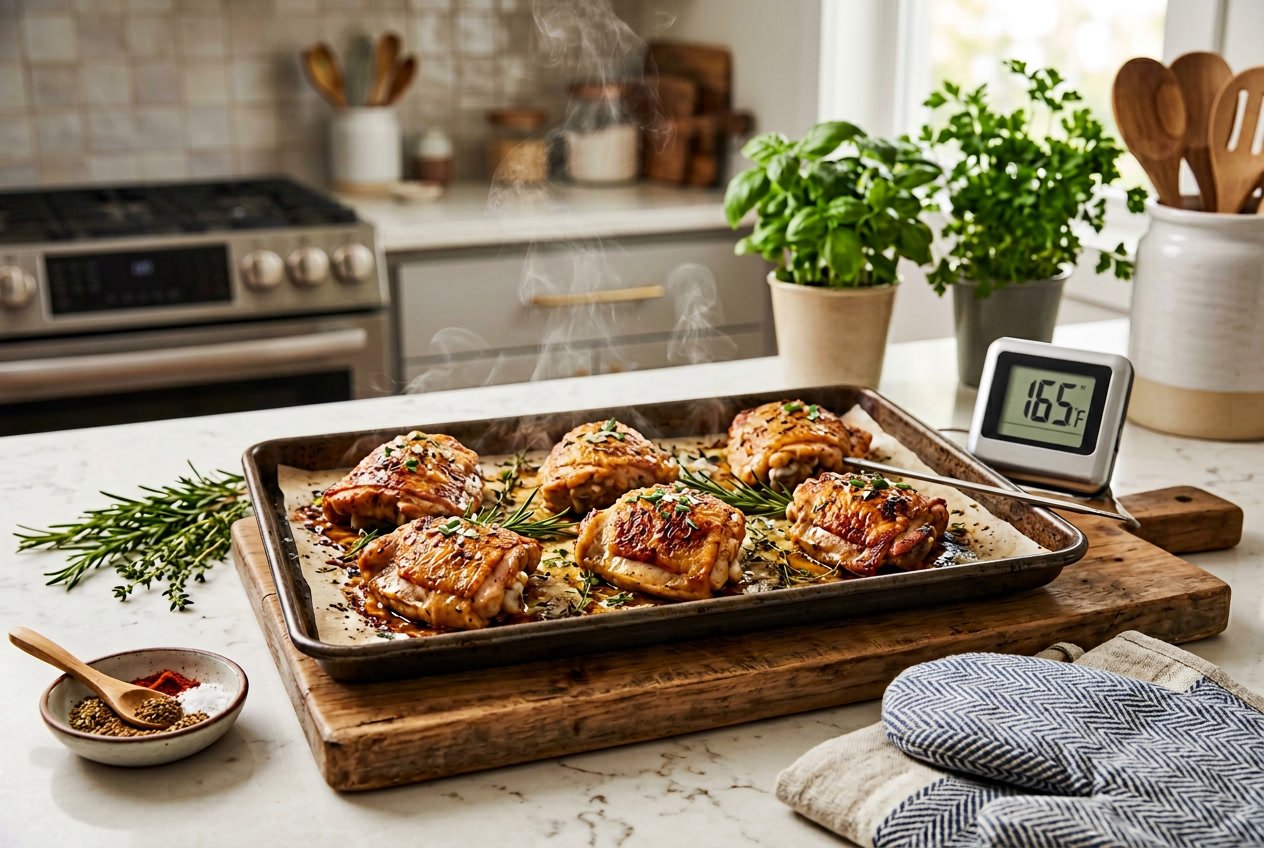 Close-up of baked chicken thighs on a tray with kitchen items like a thermometer, herbs, and seasoning on a countertop.