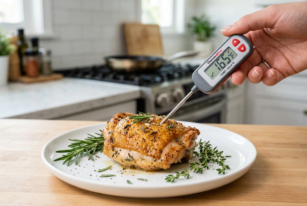 A cooked chicken thigh on a white plate with a digital thermometer measuring its internal temperature.