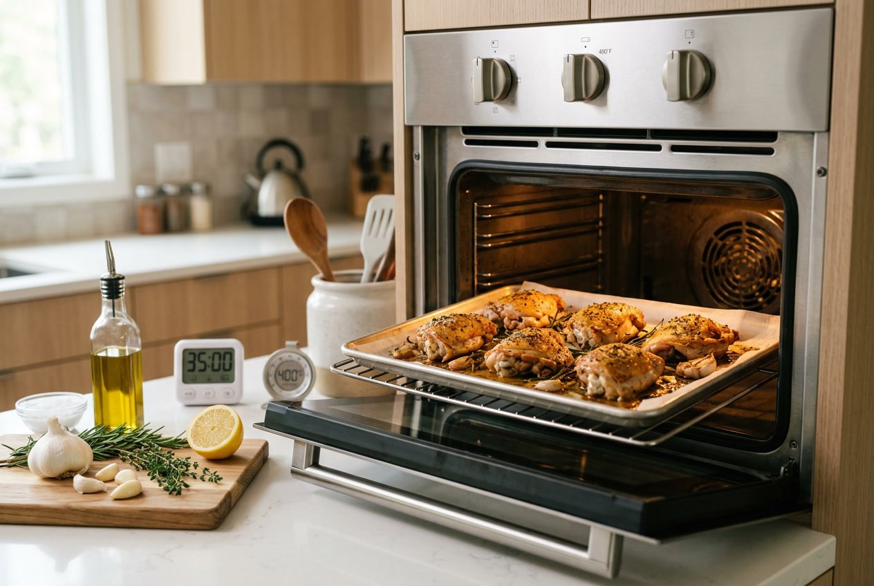 Close-up of baked chicken thighs inside an open oven with fresh ingredients on the kitchen counter nearby.
