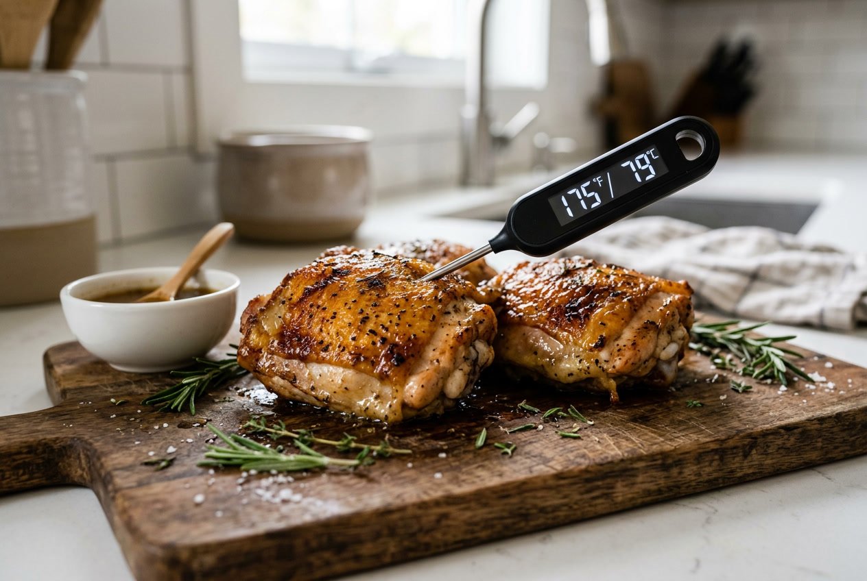 Close-up of cooked chicken thighs on a cutting board with a digital thermometer showing the internal temperature, surrounded by fresh herbs in a kitchen setting.