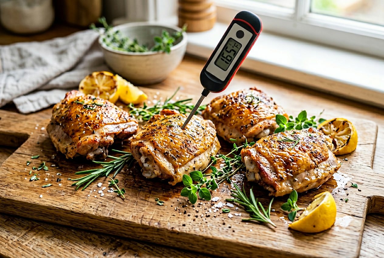 Close-up of cooked chicken thighs on a wooden cutting board with a digital thermometer showing the internal temperature.