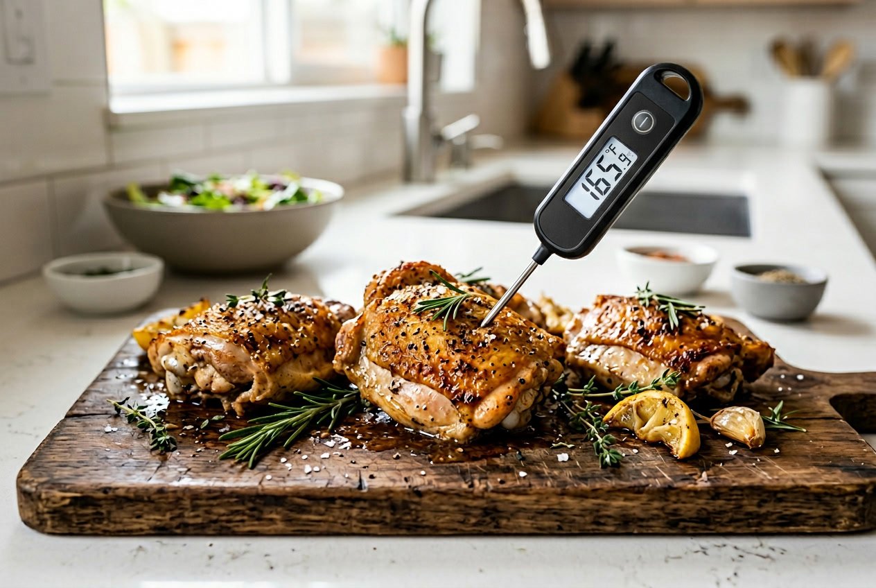 Cooked chicken thighs on a cutting board with a meat thermometer inserted showing the temperature.