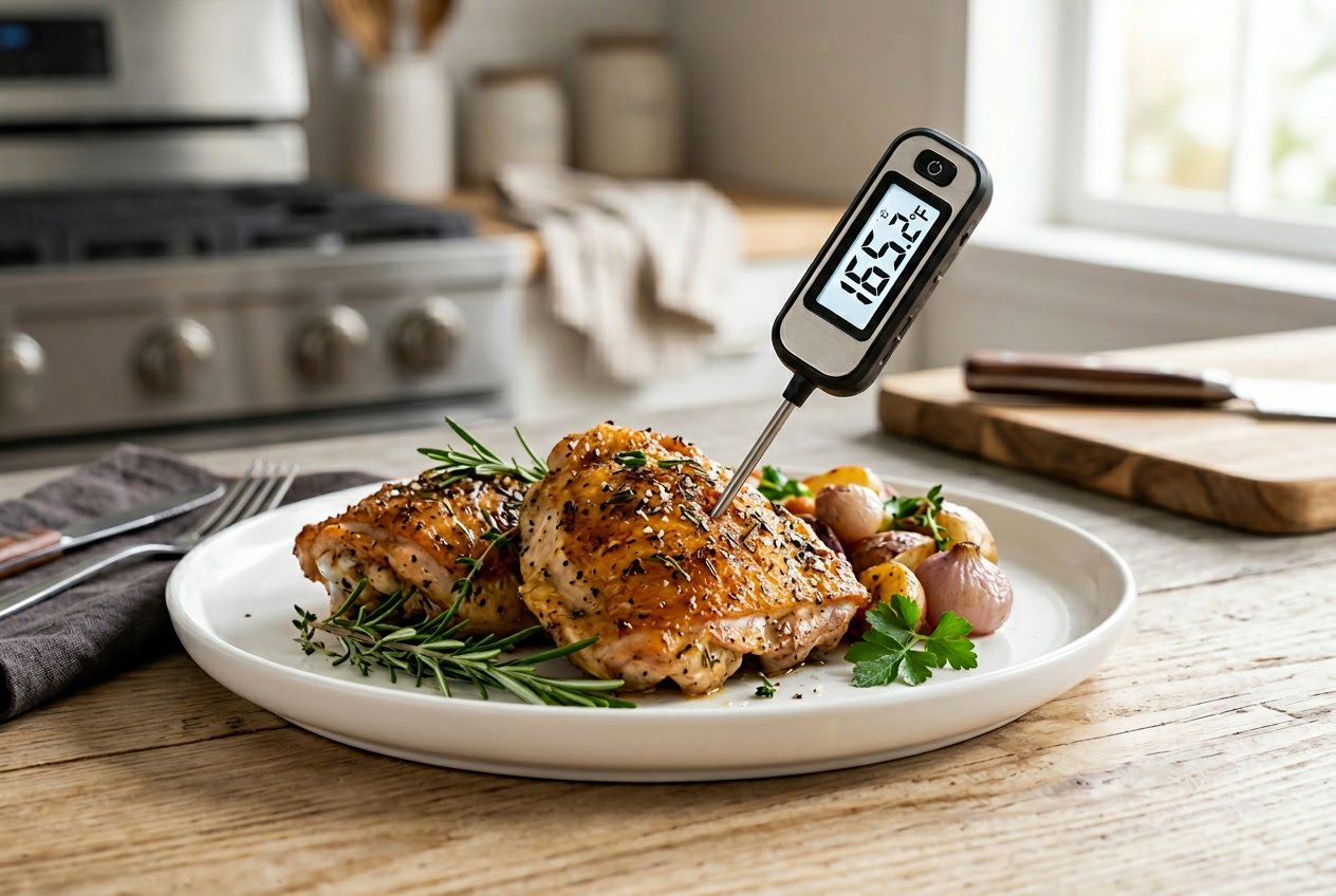 A plate of golden brown cooked chicken thighs with a digital thermometer showing a safe internal temperature inserted into one piece on a kitchen countertop.