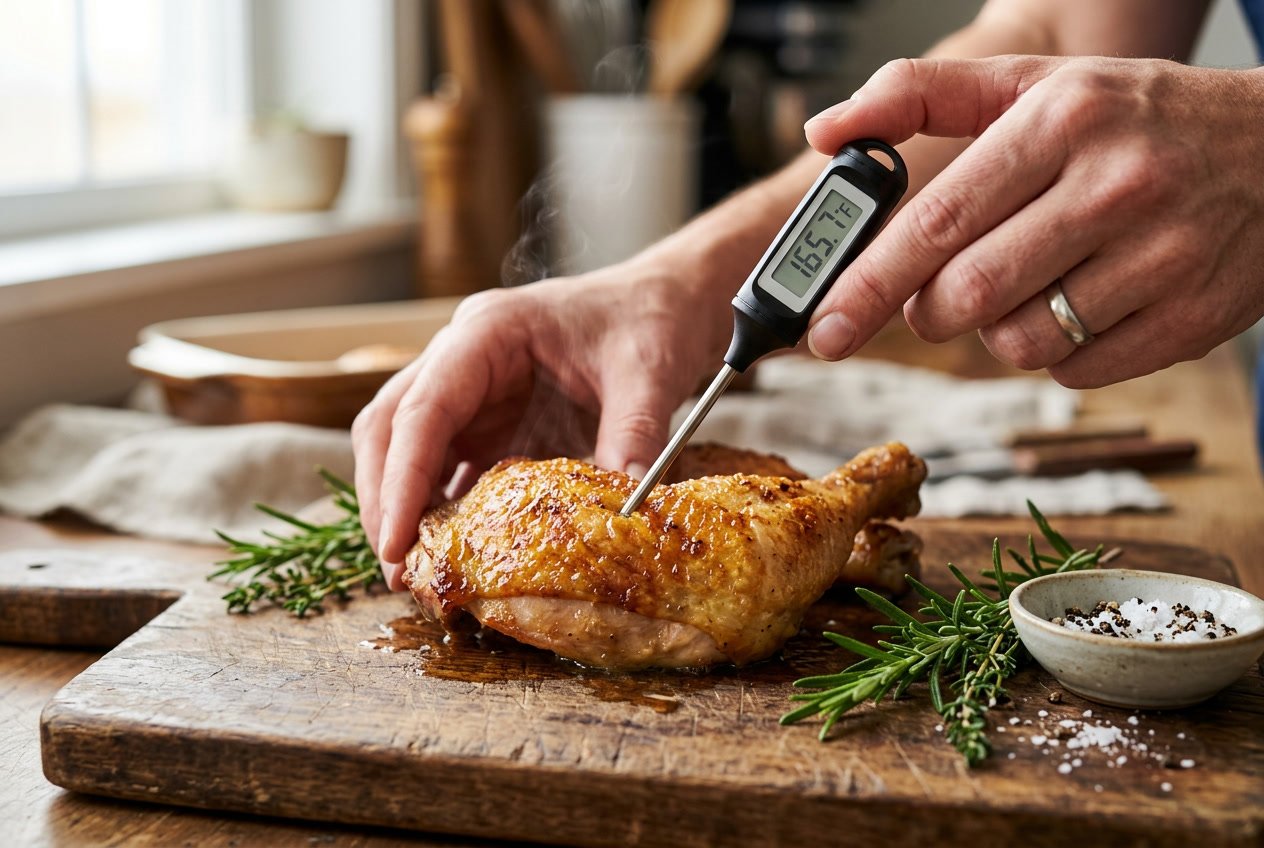 Hands holding a digital meat thermometer inserted into a cooked chicken thigh on a wooden cutting board with fresh herbs nearby.