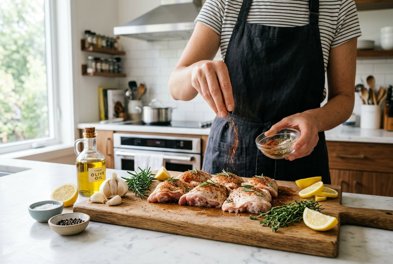 Hands seasoning raw chicken thighs with herbs and spices on a cutting board in a bright kitchen with fresh ingredients nearby.