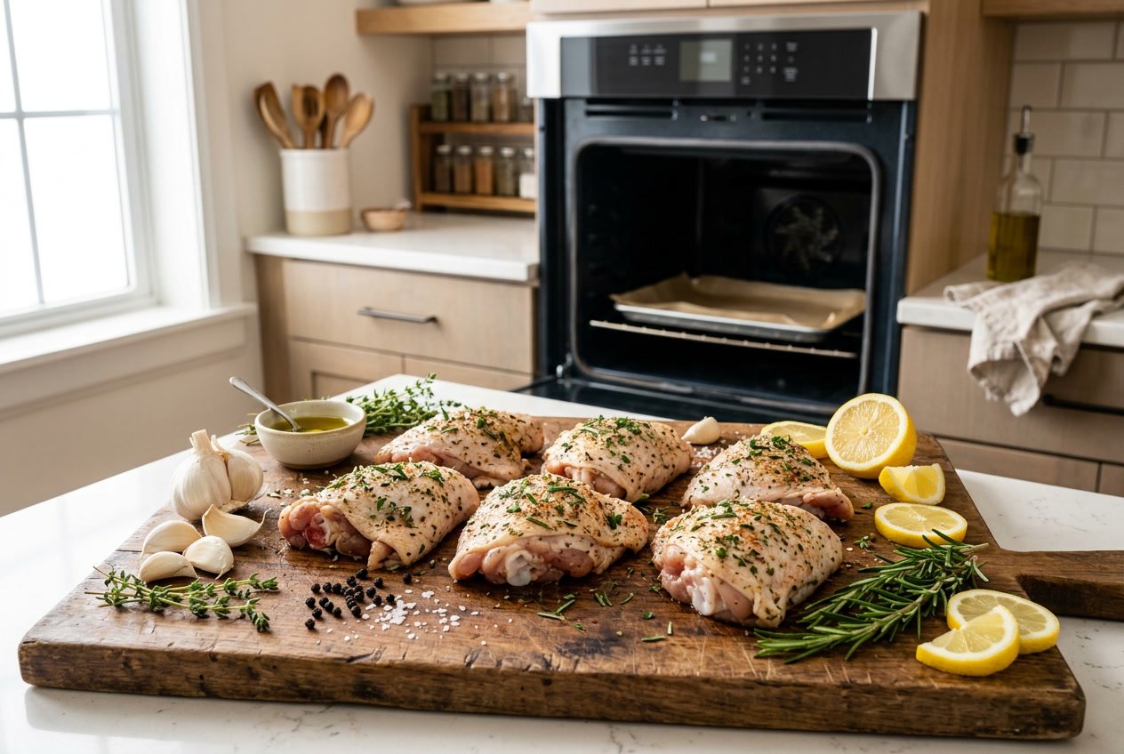Raw seasoned chicken thighs on a wooden cutting board with fresh herbs, lemon slices, and garlic in a kitchen with an open oven in the background.