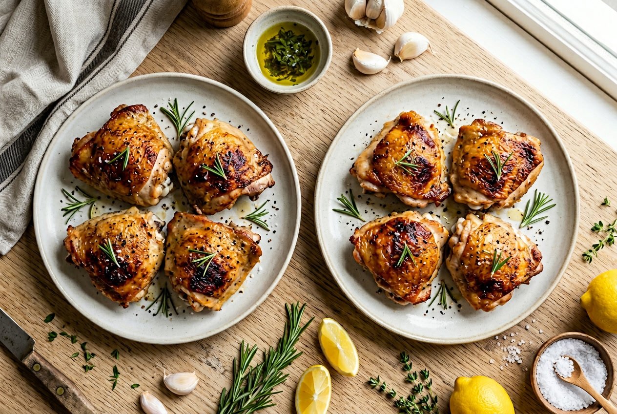 Two plates on a kitchen counter showing baked bone-in chicken thighs on one plate and baked boneless chicken thighs on the other, with fresh herbs and lemon wedges nearby.