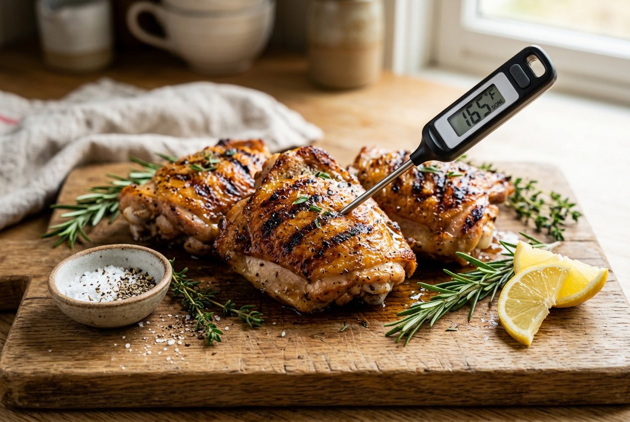 Close-up of cooked chicken thighs on a cutting board with a meat thermometer inserted, surrounded by herbs and lemon.