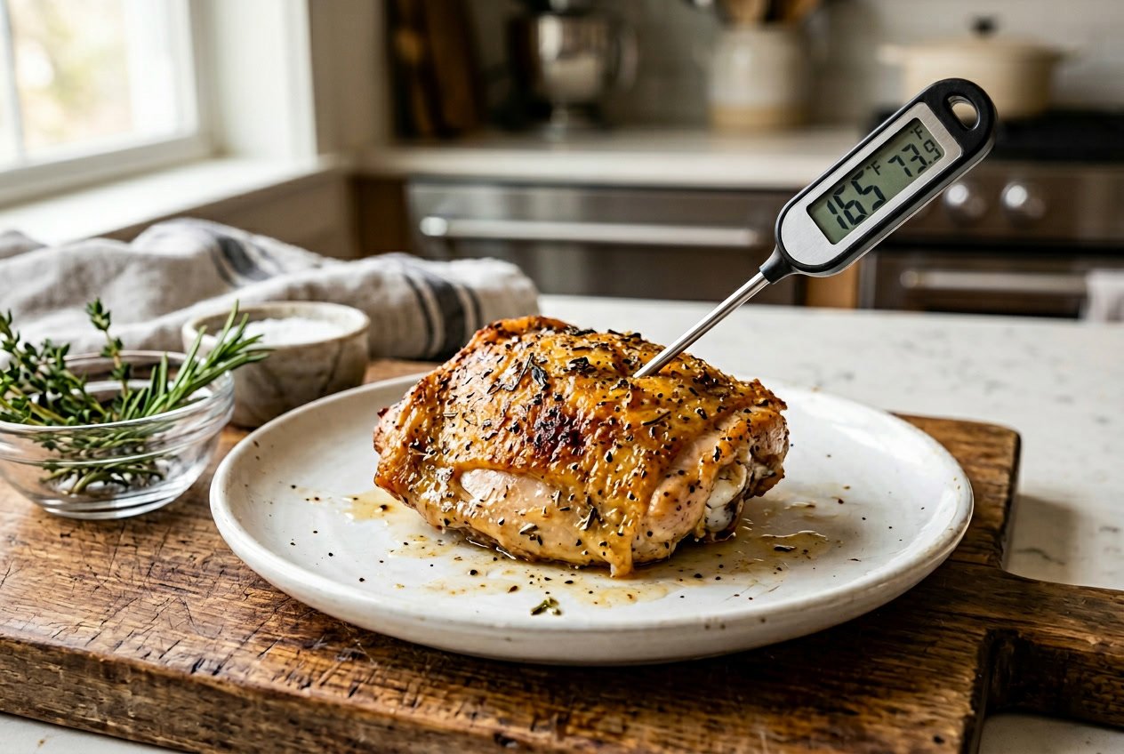 Cooked chicken thigh on a white plate with a digital food thermometer showing a safe internal temperature.