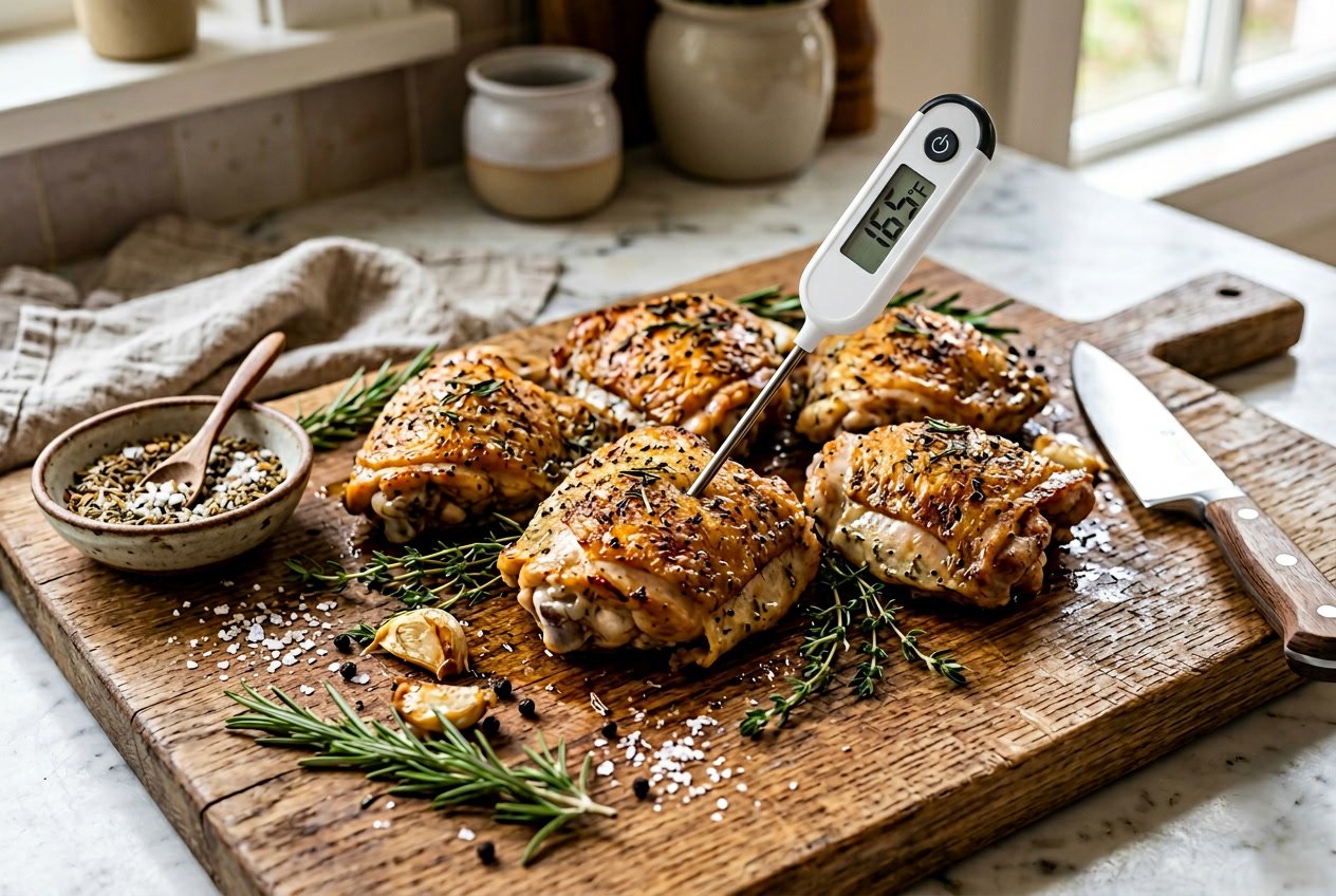 Cooked chicken thighs on a cutting board with a meat thermometer inserted showing the temperature.
