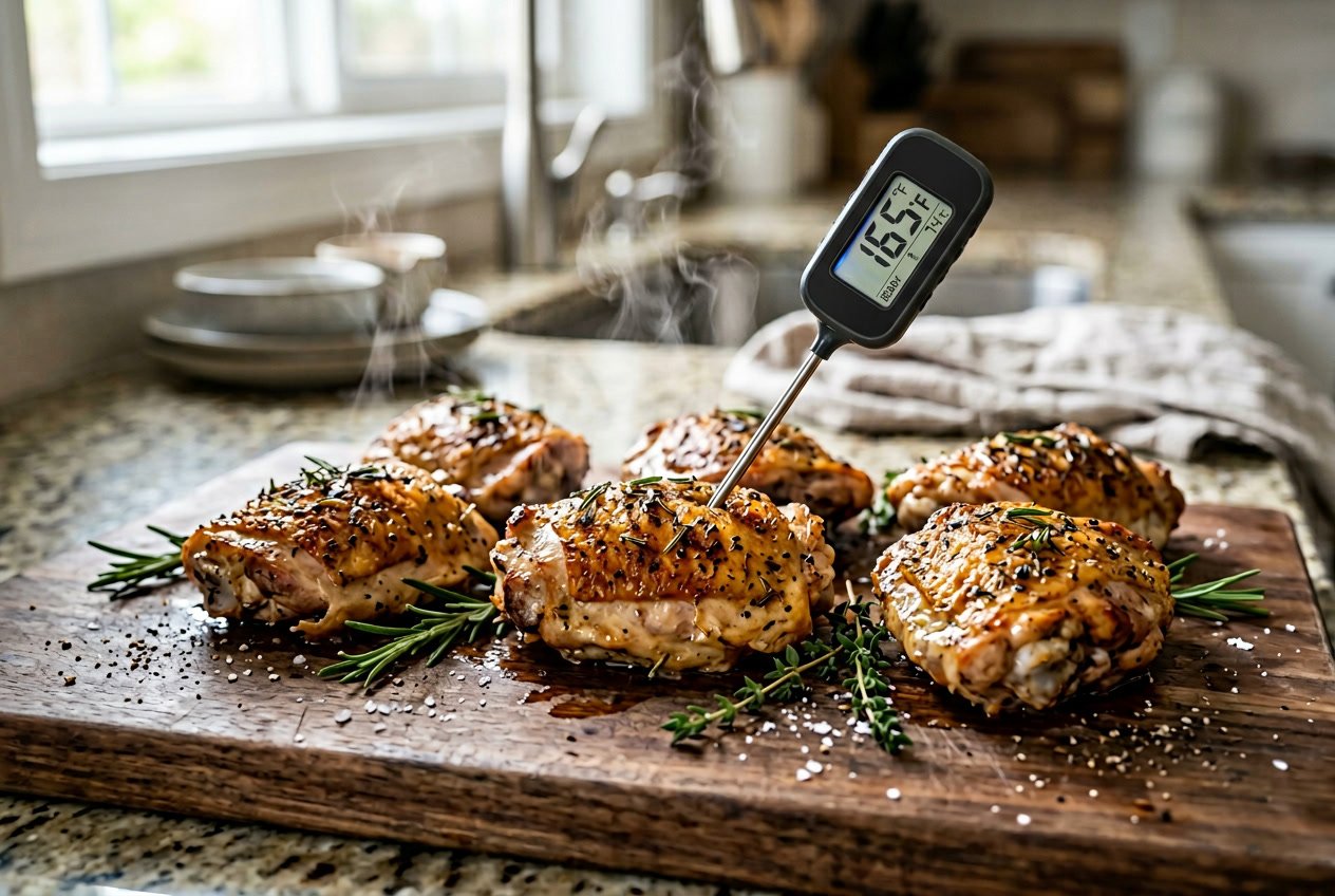 Cooked chicken thighs on a cutting board with a digital thermometer showing the ideal internal temperature.
