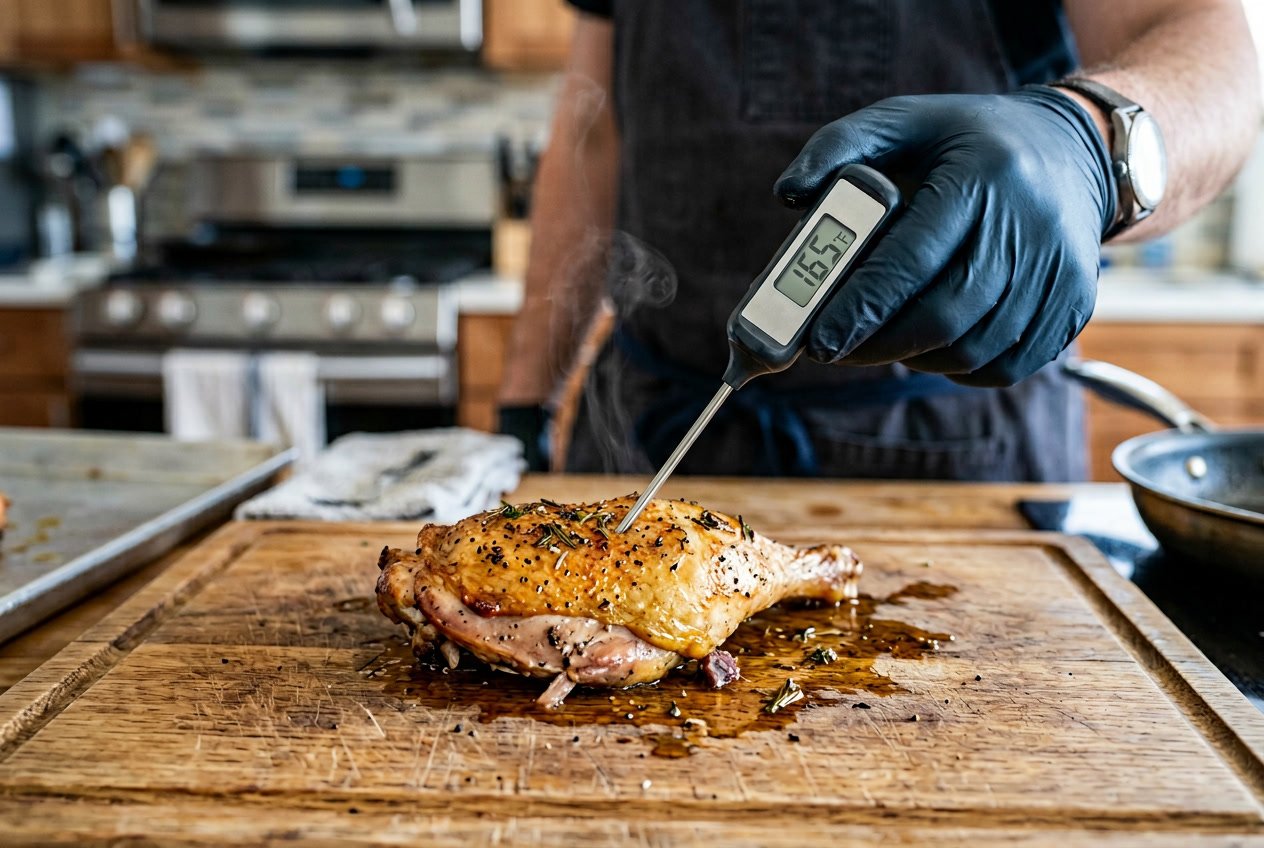 Close-up of a person measuring the internal temperature of a cooked chicken thigh with a digital meat thermometer in a kitchen.