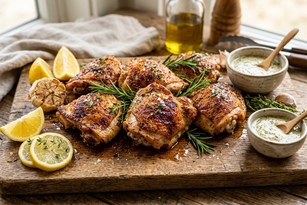 Close-up of cooked chicken thighs on a wooden cutting board garnished with herbs and lemon wedges.