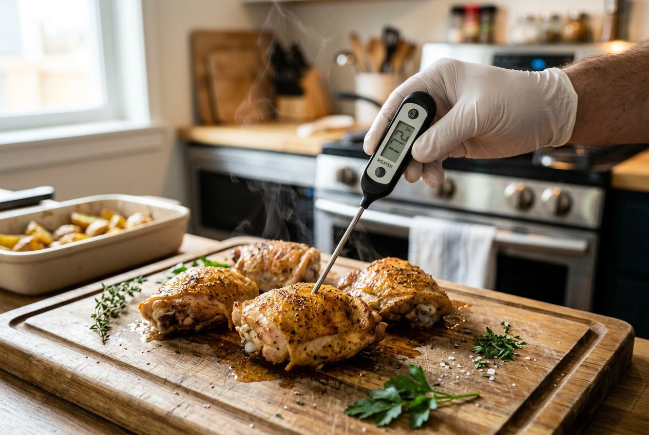 A person measuring the temperature of cooked chicken thighs with a digital meat thermometer on a cutting board.
