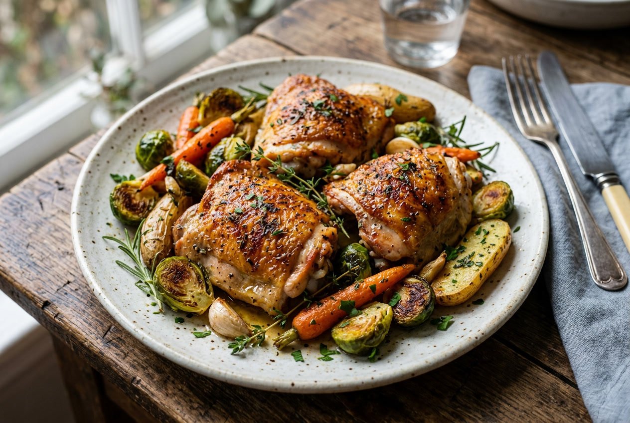 A plate of golden brown crispy chicken thighs with roasted vegetables and fresh herbs on a wooden table.