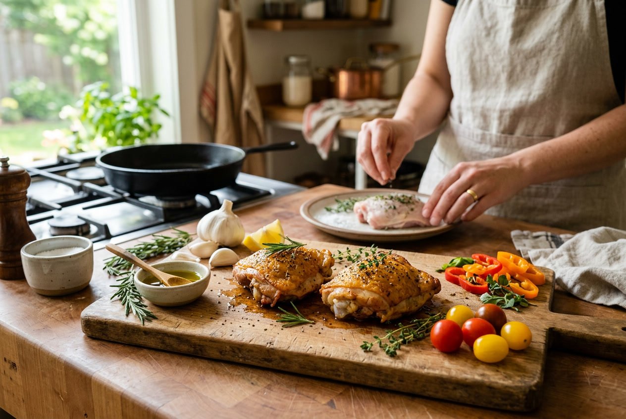 Golden-brown cooked chicken thighs on a wooden cutting board with fresh herbs and vegetables in a warm kitchen setting.
