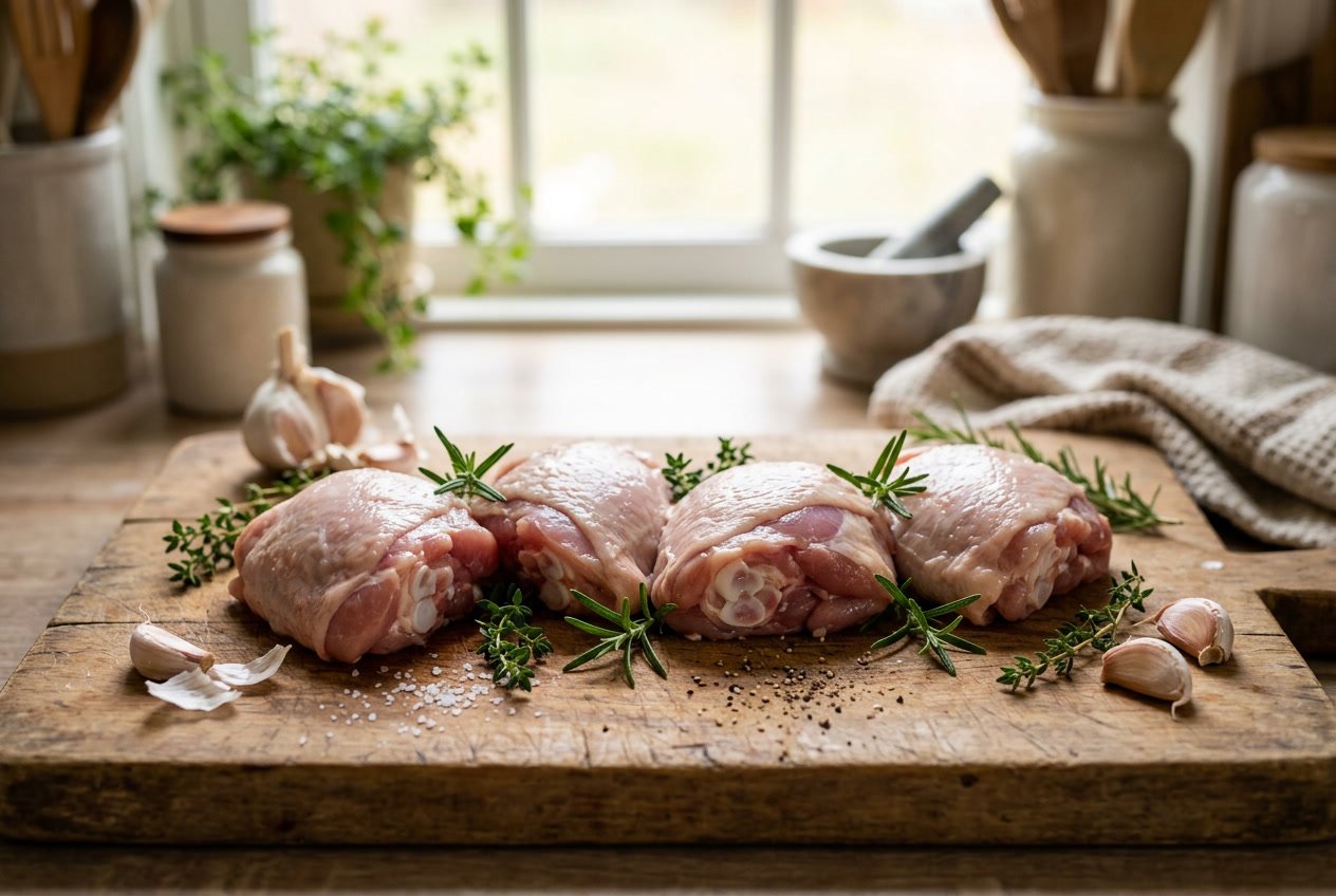 Fresh raw chicken thighs on a wooden cutting board with herbs and garlic in a kitchen setting.
