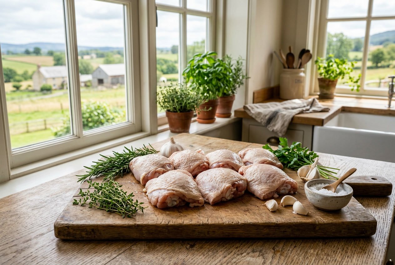 Fresh raw chicken thighs on a wooden cutting board with herbs and garlic in a bright kitchen with a window showing a farm landscape outside.